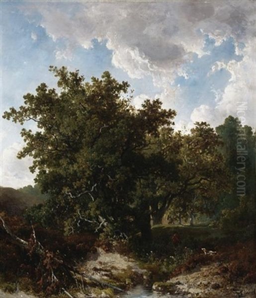 Sommerliche Waldlandschaft Mit Jager Und Hund - view 1