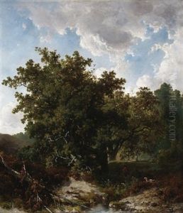 Sommerliche Waldlandschaft Mit Jager Und Hund by Johannes Warnardus Bilders