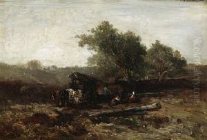 Vesperzeit. Rastende Bauern Bei Einem Vierspanner Am Waldesrand by Johannes Warnardus Bilders