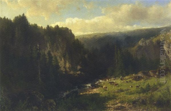 Cattle By A Stream In A Mountainous Landscape - view 1