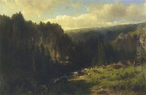 Cattle By A Stream In A Mountainous Landscape by Johannes Warnardus Bilders