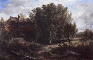 An Extensive Country Landscape With Cows Watering At A Pond And Figures In Front Of A Cottage by Johannes Warnardus Bilders