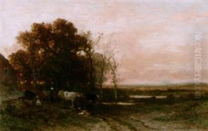A Cowherd With Her Cattle At Dusk by Johannes Warnardus Bilders