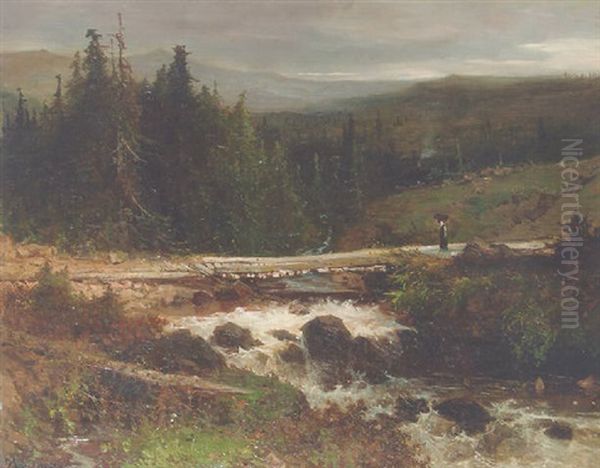 A Hilly Landscape With A Bridge Over A Cascade - view 1