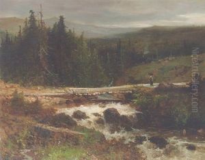 A Hilly Landscape With A Bridge Over A Cascade by Johannes Warnardus Bilders