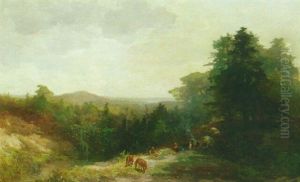 A Wooded Landscape With Travellers By A Stream by Johannes Warnardus Bilders