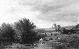 A Wooded Landscape With Cows Watering And Peasant Children Outside A Cottage by Johannes Warnardus Bilders