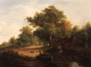 A Summer Landscape With Figures By A Watermill by Johannes Warnardus Bilders