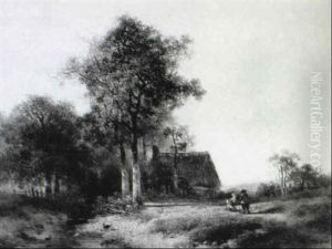 Wooded Landscape With Figures By A Cottage by Johannes Warnardus Bilders