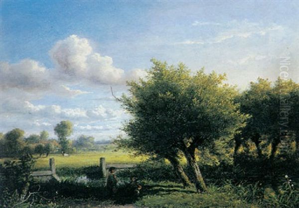 Children By A Stream In A Wooded Landscape - view 1