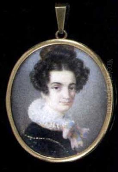 A Young Lady In Black Dress With Frilled Collar Tied With A Pink Ribbon, A Comb In Her Dressed Hair - view 1