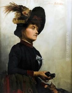 Seated Half Length Portrait Of A Woman Wearing A Wide Brimmed And Feather Lined Hat And Holding Binoculars In Her Right Hand by Anna Bilinska-Bohdanowicz