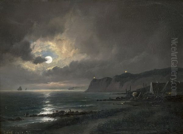Meeresufer Mit Schiffen Und Hausern Bei Vollmond - view 1