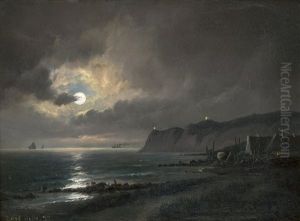 Meeresufer Mit Schiffen Und Hausern Bei Vollmond Meeresufer Mit Schiffen Und Hausern Bei Vollmond