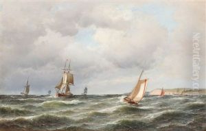 Sailing Ships On The Sea Underneath A Grey Sky by Carl Ludwig Bille