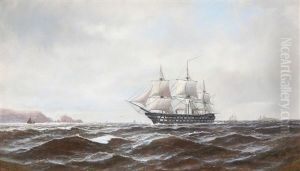A Danish Ship Of The Line Along A Rocky Coastline by Carl Ludwig Bille