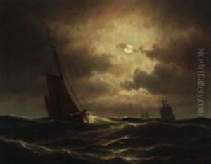 A Dutch Fishing Boat In The North Sea In Moonlight by Carl Ludwig Bille