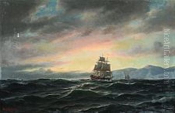 A Three-masted Fullrigged Sailing Ship In Rough Seas - view 1
