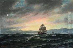 A Three-masted Fullrigged Sailing Ship In Rough Seas by Carl Ludwig Bille