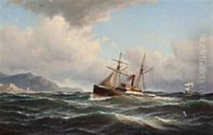 Steamboat At Sea Off A Rocky Coast