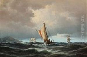Sailing Ships At Sea In Stormy Weather by Carl Ludwig Bille
