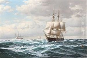 Ships At Full Sails On The Sea by Carl Ludwig Bille