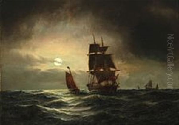 Seascape With Sailing Boats In The Moon Light - view 1
