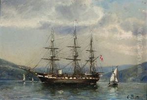 The Danish Frigate Jylland Anchored In A Bay by Carl Ludwig Bille