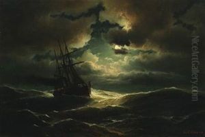 Seascape With Three Masted Steamer In The Moonlight