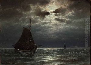 Seascape With Sailings Ships In Moonlight by Carl Ludwig Bille