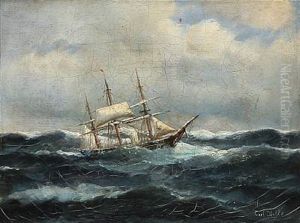 Seascape With A Sailing Ships In High Waves by Carl Ludwig Bille