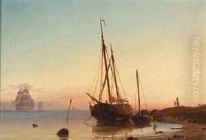 Coastal Scene With Sailing Boats At Sunrise by Carl Ludwig Bille