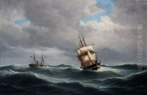 Een Stoomboot En Een Zeilschip Op Volle Zee by Carl Ludwig Bille