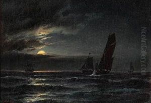 Sailing Ships In Moonlight by Carl Ludwig Bille