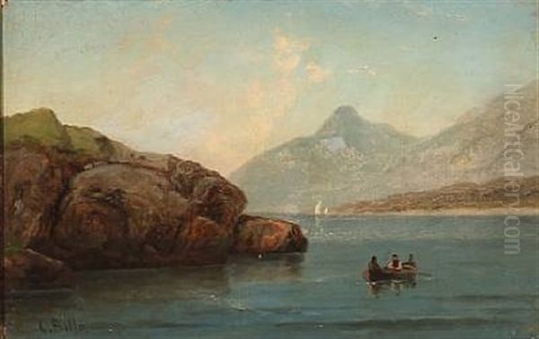 Norwegian Fjord Scene With Two Fishermen In A Rowing Boat - view 1