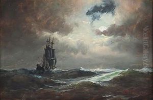 A Bark On Open Sea At Moonlight by Carl Ludwig Bille