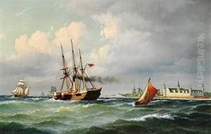Seascape Off Kronborg With Numerous Ships And A Pilot Boat by Carl Ludwig Bille