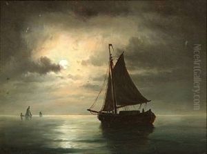 Seascape With Fishing Boats In Moonlight by Carl Ludwig Bille