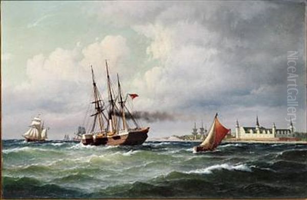 Steamboat, Pilot Boat And Sailing Ships In Oresund Near Kronborg - view 1