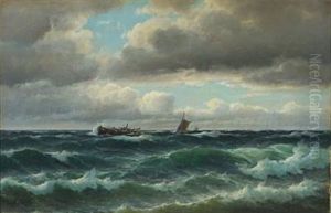 Vessels In Rough Sea by Carl Ludwig Bille