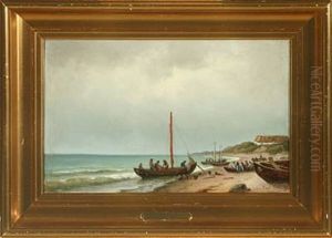 Coastal Scenery With Fisherman And Boats On The Beach by Carl Ludwig Bille