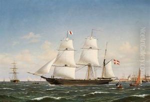 A Danish Bark Under Sail In Copenhagen Harbour With Frederik V's Rigging-sheers On Holmen In The Background
