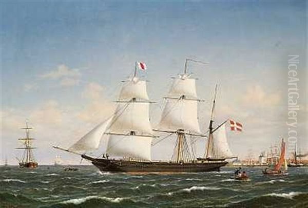 Dansk Bark Under Sejl I Kobenhavns Havn, I Baggrunden Frederik V's Mastekran Pa Holmen - view 1