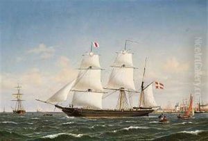 Dansk Bark Under Sejl I Kobenhavns Havn, I Baggrunden Frederik V's Mastekran Pa Holmen