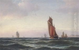 Sejlskibe Pa Havet I Morgenroden by Carl Ludwig Bille