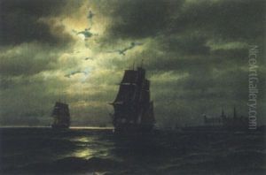 Sejlskibe I Maneskin Udfor Kronborg by Carl Ludwig Bille