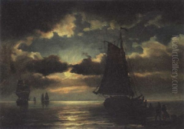 Kystparti Med Figurer Og Sejlbade Pa Stille Vand, Maneskin - view 1
