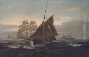 Tremaster Og Dampskib Pa Havet Ved Solnedgangstide
