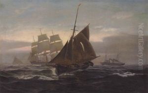 Tremaster Og Dampskib Pa Havet Ved Solnedgangstide. I Forgrunden Fiskerbad Tremaster Og Dampskib Pa Havet Ved Solnedgangstide. I Forgrunden Fiskerbad