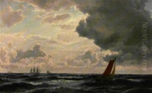 Marine Med Skibe Pa Havet, Morke Skyer Traekker Over Himlen by Carl Ludwig Bille